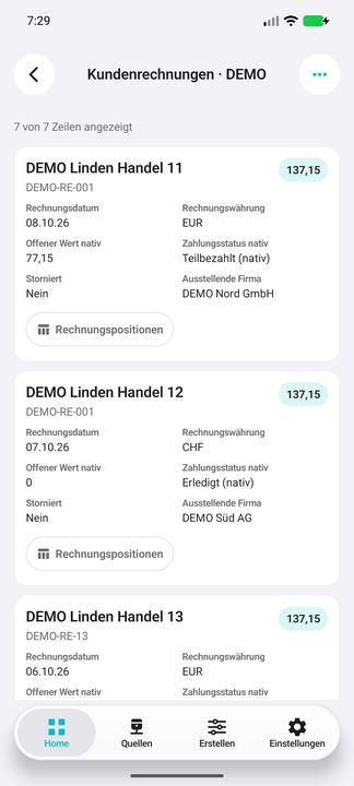 Vollständige Rechnungskarte: Empfänger, Belegnummer, Bruttowert, Datum, Währung, offener Wert, Zahlungsstatus, Storno, Firma und Unterbutton. — Native Cifru-Ansicht; DEMO, vollständig erfundene Daten. Kein Test auf echtem ERP.