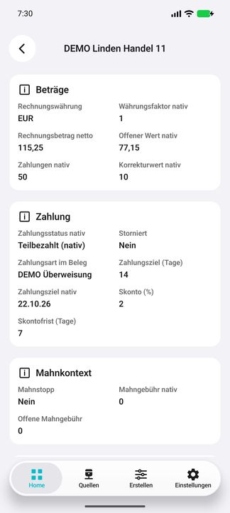 Rechnungsdetails fortgesetzt: Zahlungen und Korrekturen getrennt, Zahlungsart, Ziel, Skonto und Mahnkontext ohne erfundene Mahnung. — Native Cifru-Ansicht; DEMO, vollständig erfundene Daten. Kein Test auf echtem ERP.