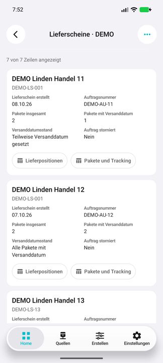 Vollständige Lieferscheinkarte: Beleg, Auftrag, Erstelldatum, getrennte Paketzahlen, abgeleiteter Versanddatumsstand und beide Unterbuttons. — Native Cifru-Ansicht; DEMO, vollständig erfundene Daten. Kein Test auf echtem ERP.