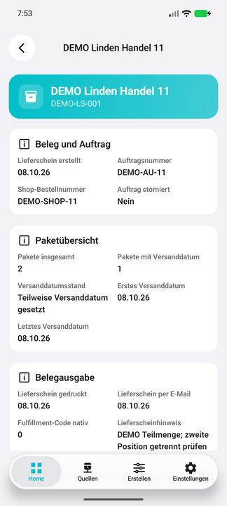 Lieferscheindetails: historischer Empfänger, Auftrag/Shopreferenz, Auftragsstorno, Paketzahlen sowie erstes und letztes gesetztes Versanddatum. — Native Cifru-Ansicht; DEMO, vollständig erfundene Daten. Kein Test auf echtem ERP.