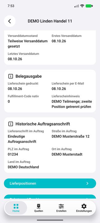 Details fortgesetzt: Dokumentdruck und E-Mail getrennt von Versand, nativer Fulfillment-Code, vollständiger Beleghinweis und historische Auftragsanschrift. — Native Cifru-Ansicht; DEMO, vollständig erfundene Daten. Kein Test auf echtem ERP.