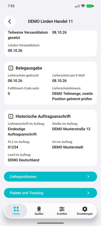 Unterer Detailbereich mit eigener historischer Anschrift und beiden tatsächlichen Unterbuttons; überlappende Werte, keine zusätzlichen Daten erfunden. — Native Cifru-Ansicht; DEMO, vollständig erfundene Daten. Kein Test auf echtem ERP.