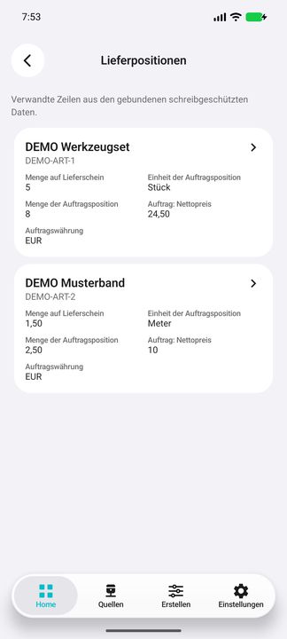 Tatsächlicher Positionsinhalt: zwei komplette Karten, Teil-Liefermenge und gesamte Auftragsmenge getrennt, Stück/Meter, Auftragspreis und Währung. — Native Cifru-Ansicht; DEMO, vollständig erfundene Daten. Kein Test auf echtem ERP.