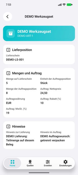 Komplette Lieferpositionsdetails: Lieferschein, Mengen/Einheit, Auftragspreis, Währung, Rabatt/Steuer sowie eigene Liefer- und Auftragshinweise. — Native Cifru-Ansicht; DEMO, vollständig erfundene Daten. Kein Test auf echtem ERP.