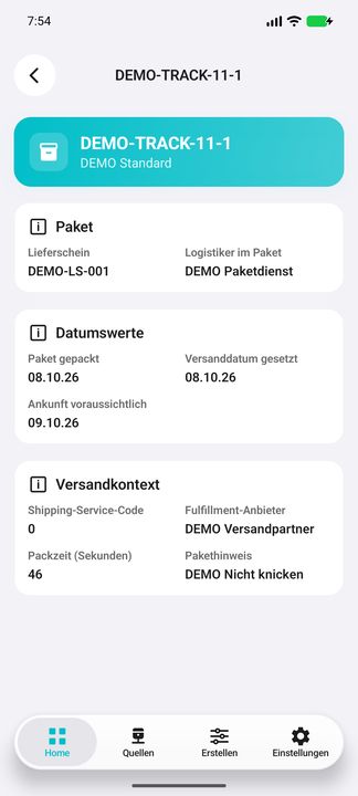 Komplette Paketdetails: Tracking, Lieferschein, aktuelle Versandart, Logistiker, getrennte Daten, nativer Service-Code, Anbieter, Packsekunden und Hinweis. — Native Cifru-Ansicht; DEMO, vollständig erfundene Daten. Kein Test auf echtem ERP.