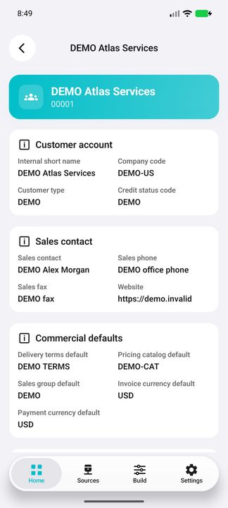 Customer identity, sales contact and commercial defaults. — Native Cifru DEMO; fictional data, not a real Costpoint test.