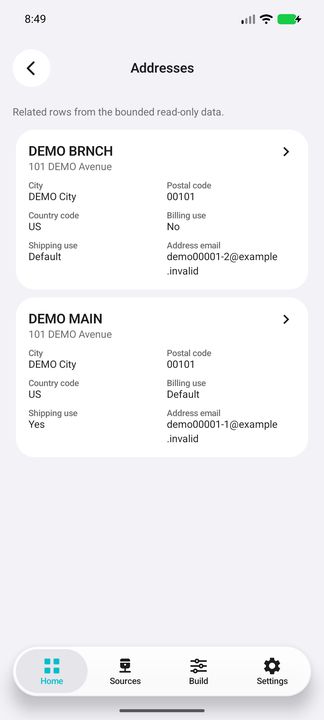 Actual two-address contents, each with its own billing/shipping usage and email. — Native Cifru DEMO; fictional data, not a real Costpoint test.