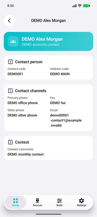 Complete named contact, communication channels and contextual comments. — Native Cifru DEMO; fictional data, not a real Costpoint test.