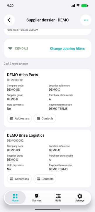 Complete supplier cards: company, location, group, native purchasing code, payment hold and terms; both child actions. — Native Cifru DEMO; fictional data, not a real Costpoint test.