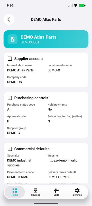 Supplier Details 1/3: account identity, purchasing controls, native approval/subcontractor codes and commercial defaults. — Native Cifru DEMO; fictional data, not a real Costpoint test.