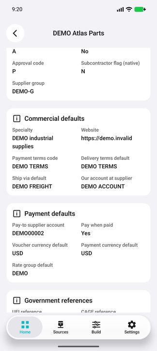 Supplier Details 2/3: specialty, website, terms, shipping, own account, pay-to reference and currency/rate defaults. — Native Cifru DEMO; fictional data, not a real Costpoint test.