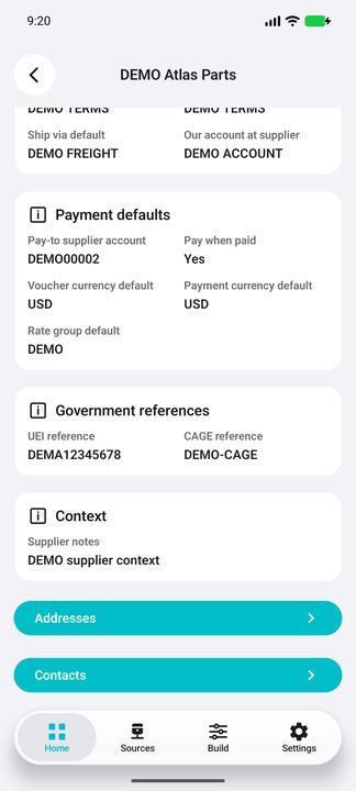 Supplier Details 3/3: payment defaults, UEI/CAGE references, notes and separate Addresses/Contacts drilldowns. — Native Cifru DEMO; fictional data, not a real Costpoint test.