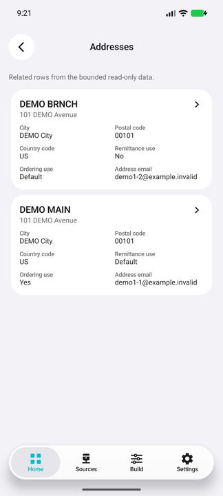 Actual Addresses contents: both complete cards, postal/country, remittance and ordering defaults, and email. — Native Cifru DEMO; fictional data, not a real Costpoint test.