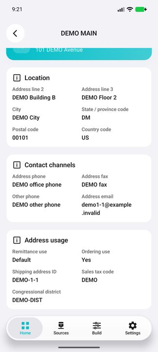 Address Details after scrolling: location, full contact channels, address uses, shipping/tax references and congressional district; header in prior card. — Native Cifru DEMO; fictional data, not a real Costpoint test.