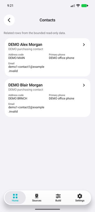 Actual Contacts contents: both named people with job titles, their own address codes, phones and complete wrapped emails. — Native Cifru DEMO; fictional data, not a real Costpoint test.