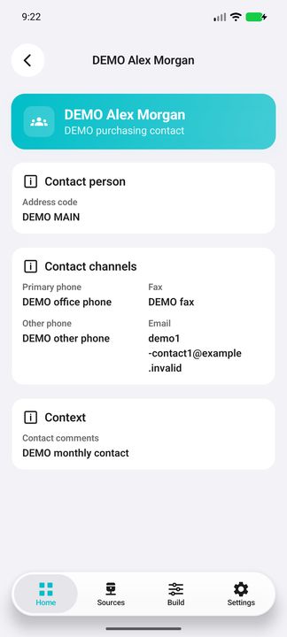 Complete Contact Details: name, job title, address, primary phone, fax, other phone, full email and comments. — Native Cifru DEMO; fictional data, not a real Costpoint test.