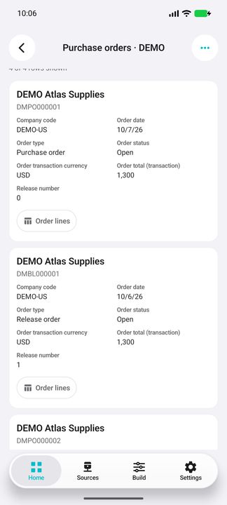 Complete order cards: company, date, type, status, transaction total and release number. — Native Cifru DEMO; fictional data, not a real Costpoint test.