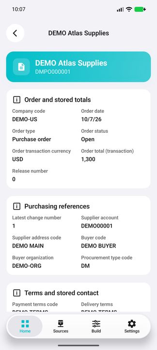 Order Details: stored totals, latest change and purchasing references. — Native Cifru DEMO; fictional data, not a real Costpoint test.
