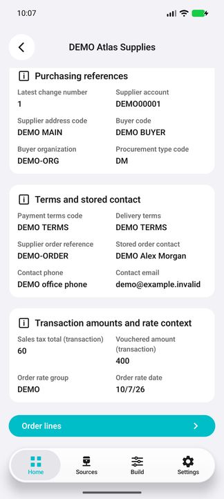 Order Details continued: terms, stored contact, tax, vouchered amount and order rate context. — Native Cifru DEMO; fictional data, not a real Costpoint test.