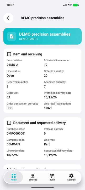 Line Details: revision, ordered/received/accepted quantities and document/delivery references. — Native Cifru DEMO; fictional data, not a real Costpoint test.