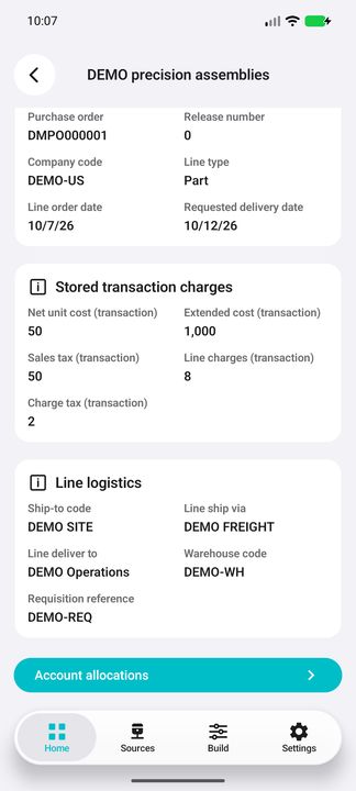 Line Details continued: stored costs, taxes, charges, logistics and Account allocations button. — Native Cifru DEMO; fictional data, not a real Costpoint test.