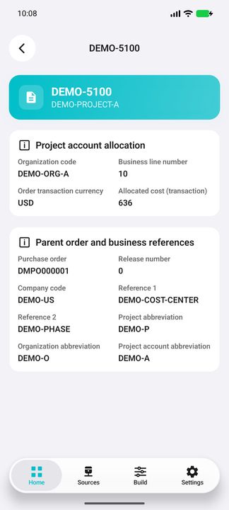 Allocation Details: project, account, organization, amount and business references. — Native Cifru DEMO; fictional data, not a real Costpoint test.