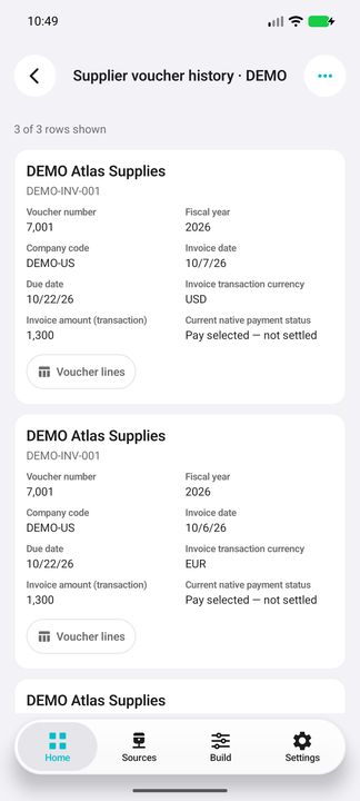 Complete supplier invoice cards: voucher/year, company, dates, currency, original amount and native payment status. — Native Cifru DEMO; fictional data, not a real Costpoint test.