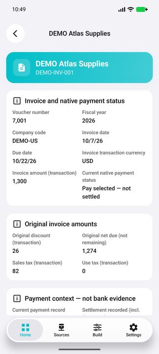 Invoice Details: original invoice, discount and net due amounts, not an unpaid balance. — Native Cifru DEMO; fictional data, not a real Costpoint test.
