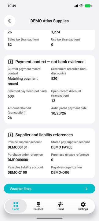 Invoice Details continued: neutral payment context, selected versus recorded amounts and liability references. — Native Cifru DEMO; fictional data, not a real Costpoint test.