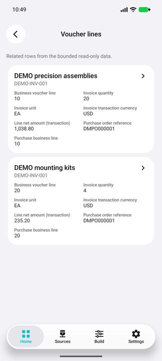 Actual Voucher lines contents: invoice quantities, units, native net amounts and purchase references. — Native Cifru DEMO; fictional data, not a real Costpoint test.