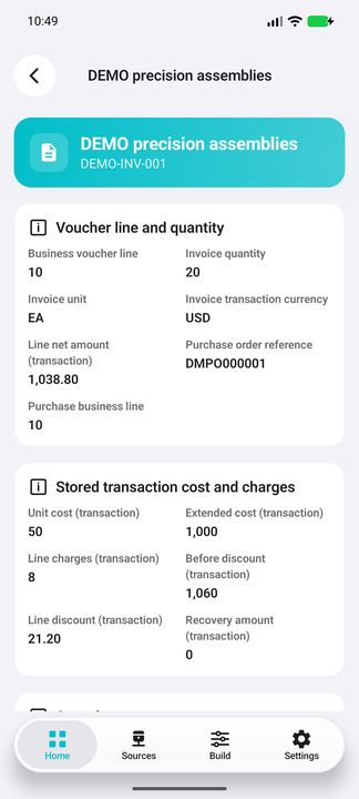 Line Details: quantities, stored costs, charges, before-discount, discount and recovery. — Native Cifru DEMO; fictional data, not a real Costpoint test.
