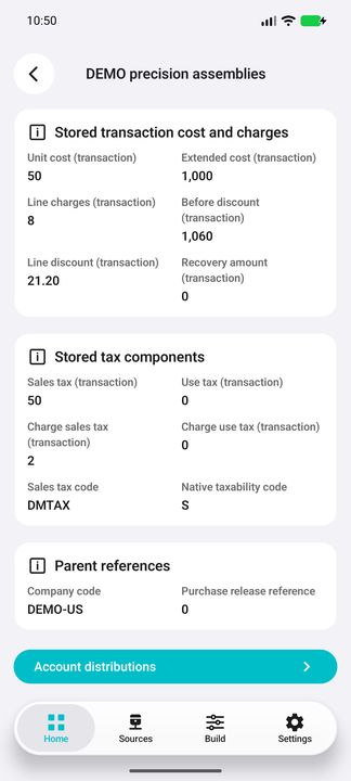 Line Details continued: separate tax components, taxability, parent references and Account distributions button. — Native Cifru DEMO; fictional data, not a real Costpoint test.