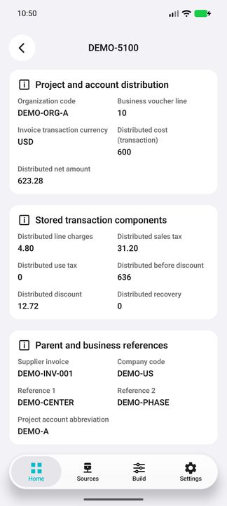 Distribution Details: stored transaction components and complete business references; header appears in its full card. — Native Cifru DEMO; fictional data, not a real Costpoint test.