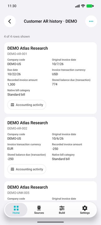 Complete customer AR cards: company, invoice dates, native currency, recorded amount and current stored balance; credits retain their sign. — Native Cifru DEMO; fictional data, not a real Costpoint test.