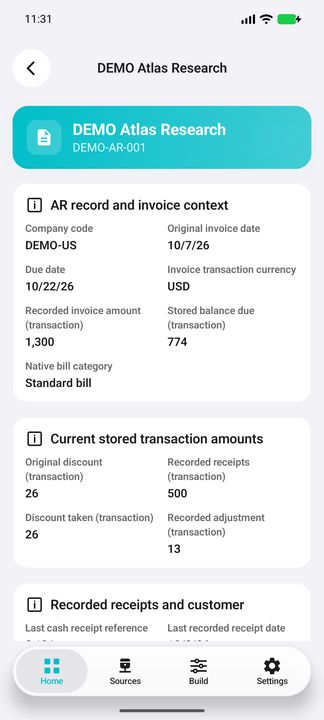 AR record Details: due date, recorded invoice, current stored balance, receipts, discounts and adjustment, without recomputing the balance. — Native Cifru DEMO; fictional data, not a real Costpoint test.