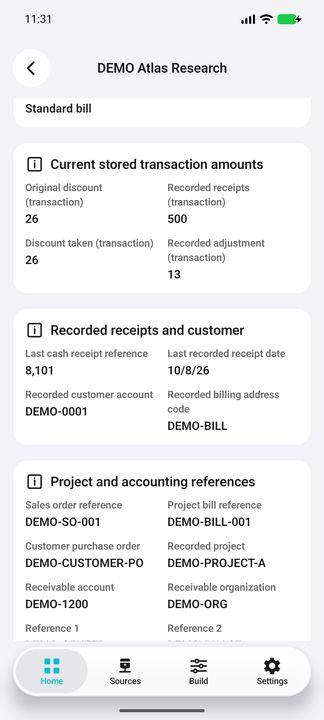 AR Details continued: last recorded receipt, recorded customer/address, order/project and receivable-account context. — Native Cifru DEMO; fictional data, not a real Costpoint test.
