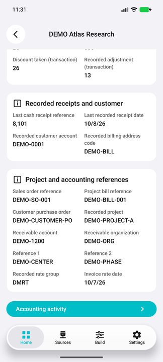 Complete project/accounting references, stored rate-group/date context and the Accounting activity sub-button. — Native Cifru DEMO; fictional data, not a real Costpoint test.
