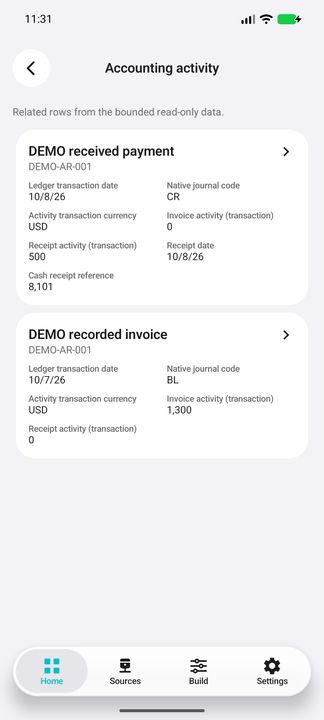 Actual Accounting activity contents: separate invoice and later receipt rows, native journal codes, currencies, amounts and receipt references. — Native Cifru DEMO; fictional data, not a real Costpoint test.