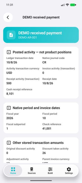 Receipt-row Details: own transaction date/currency, separate invoice and receipt amounts, native fiscal period, and check reference. — Native Cifru DEMO; fictional data, not a real Costpoint test.