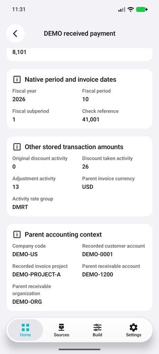 Receipt Details continued: discounts, adjustment, parent invoice currency, company/customer and project/accounting references. — Native Cifru DEMO; fictional data, not a real Costpoint test.