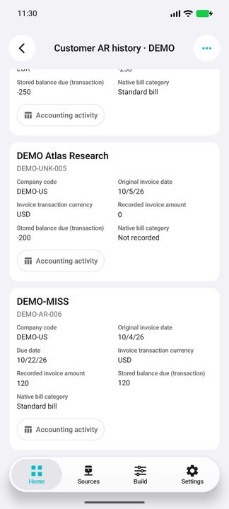 Complete unallocated-receipt and missing-current-customer cards: native zero/negative amounts and unknown category remain explicit. — Native Cifru DEMO; fictional data, not a real Costpoint test.