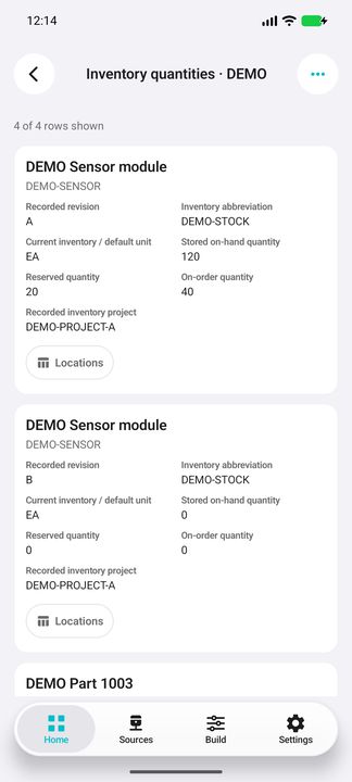 Complete part cards: revision A quantities and distinct revision B with zero stock — Native Cifru DEMO; fictional data, not a real Costpoint test.