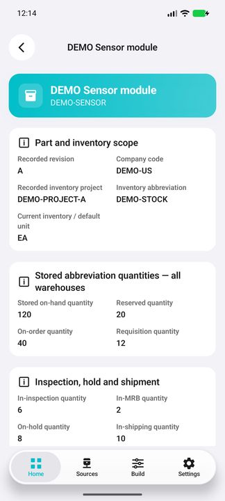 Part, revision, unit, project and stored quantities across warehouses — Native Cifru DEMO; fictional data, not a real Costpoint test.
