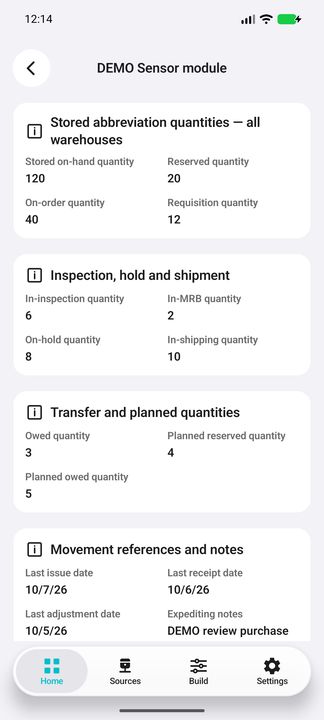 Inspection, hold, shipment, owed and planned quantities — Native Cifru DEMO; fictional data, not a real Costpoint test.