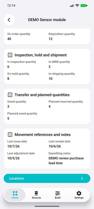 Complete movement-reference dates, expediting notes and Locations action — Native Cifru DEMO; fictional data, not a real Costpoint test.