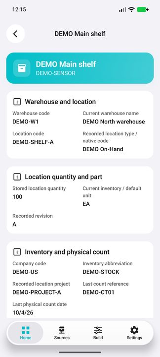 Complete location details: warehouse, quantity, unit, project and physical count — Native Cifru DEMO; fictional data, not a real Costpoint test.