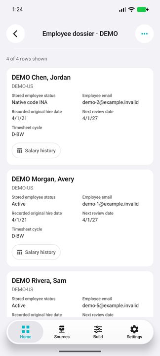 Complete employee cards: company, stored status, email, recorded hire/review dates and the Salary history action. — Native Cifru DEMO; fictional people/pay references, not a real Costpoint test.