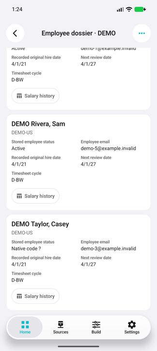 Other complete employee cards: Active and an explicitly unknown native status; no legal-contract status inferred. — Native Cifru DEMO; fictional people/pay references, not a real Costpoint test.