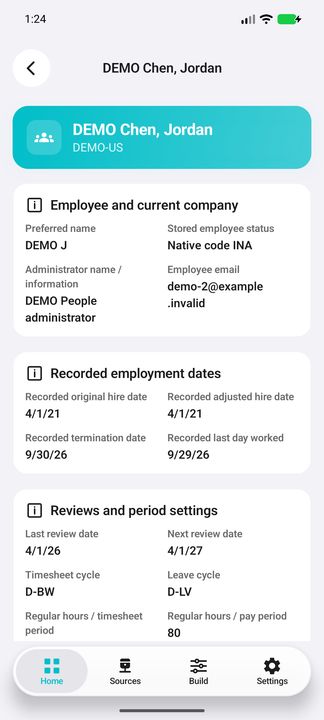 Employee Details: identity/contact, administrator information, recorded original/adjusted hire, termination and last-work dates. — Native Cifru DEMO; fictional people/pay references, not a real Costpoint test.