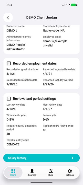 Employee Details continued: review dates, timesheet/leave cycles, regular-period hours, taxable entity and Salary history. — Native Cifru DEMO; fictional people/pay references, not a real Costpoint test.